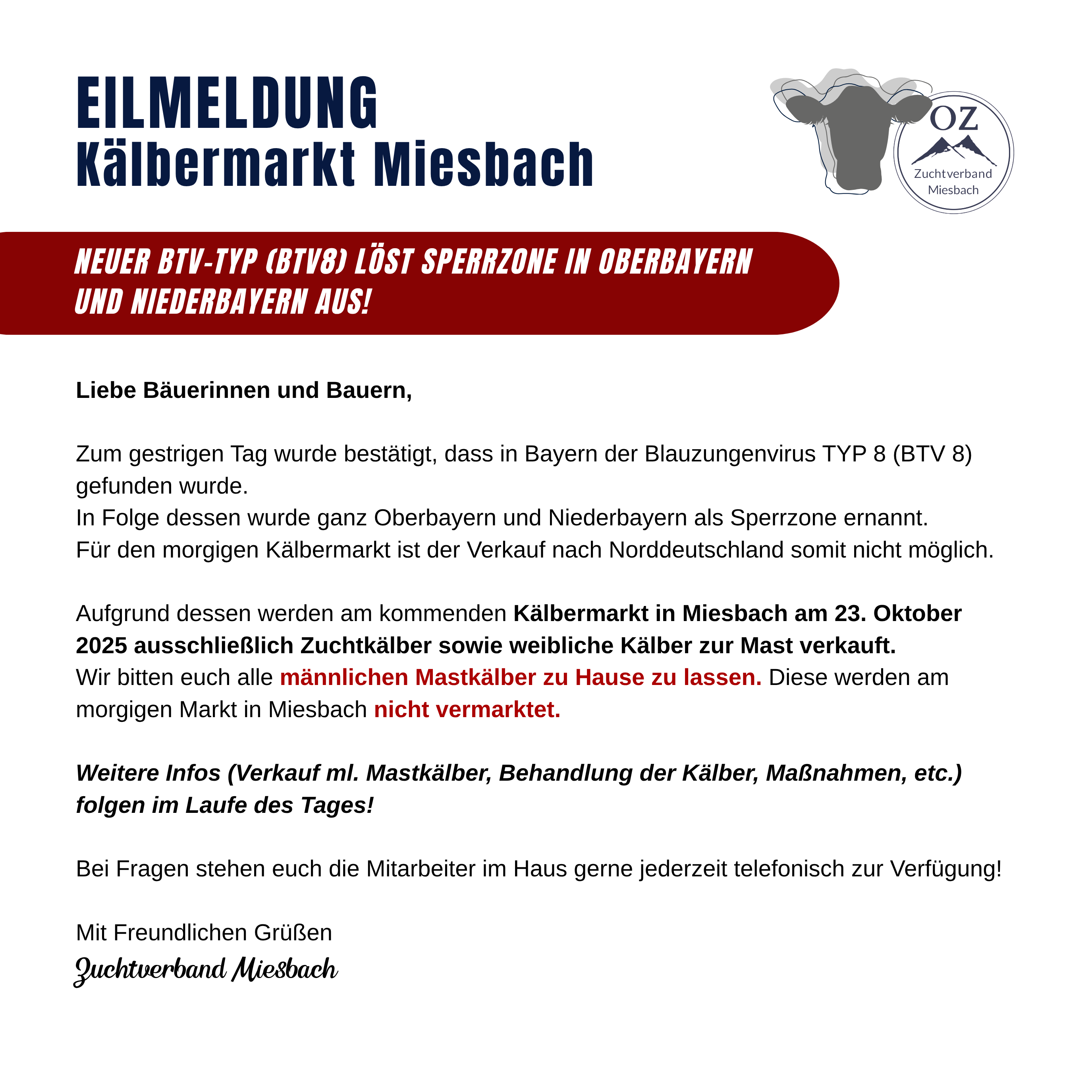 Eilmeldung Kälbervermarktung Miesbach